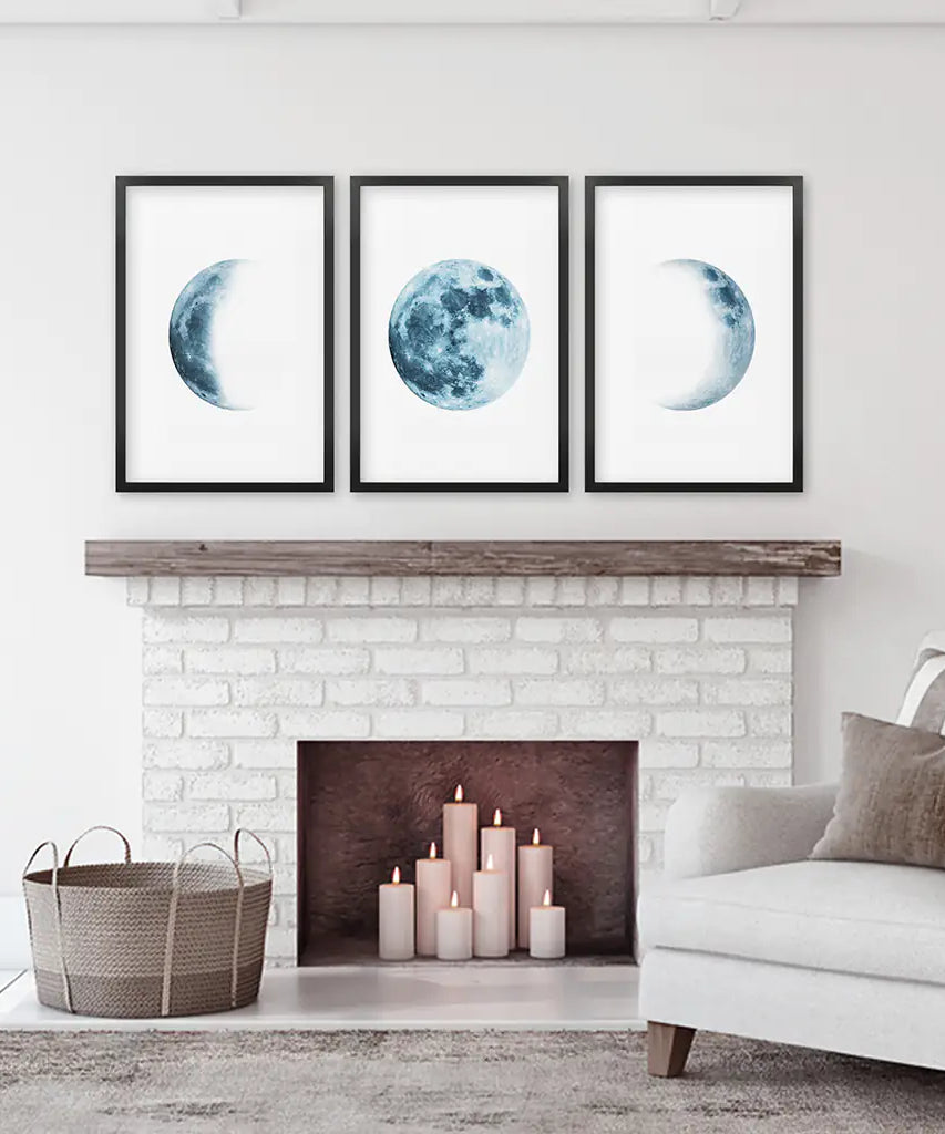 Lunar Phases. Blue Wall Art Set for Boy's Nursery
