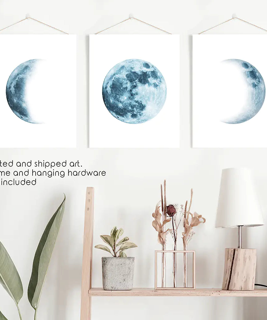 Lunar Phases. Blue Wall Art Set for Boy's Nursery