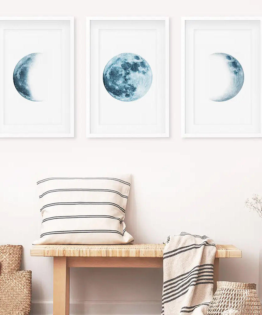 Lunar Phases. Blue Wall Art Set for Boy's Nursery