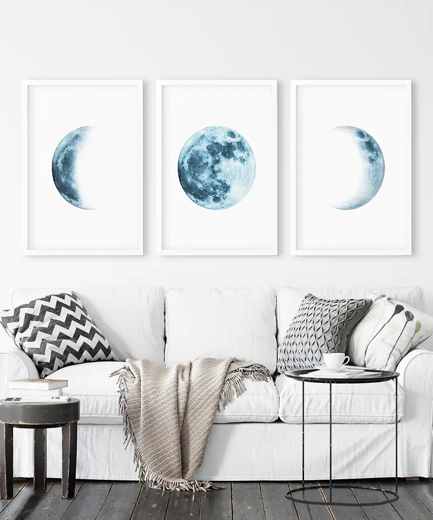 Lunar Phases. Blue Wall Art Set for Boy's Nursery