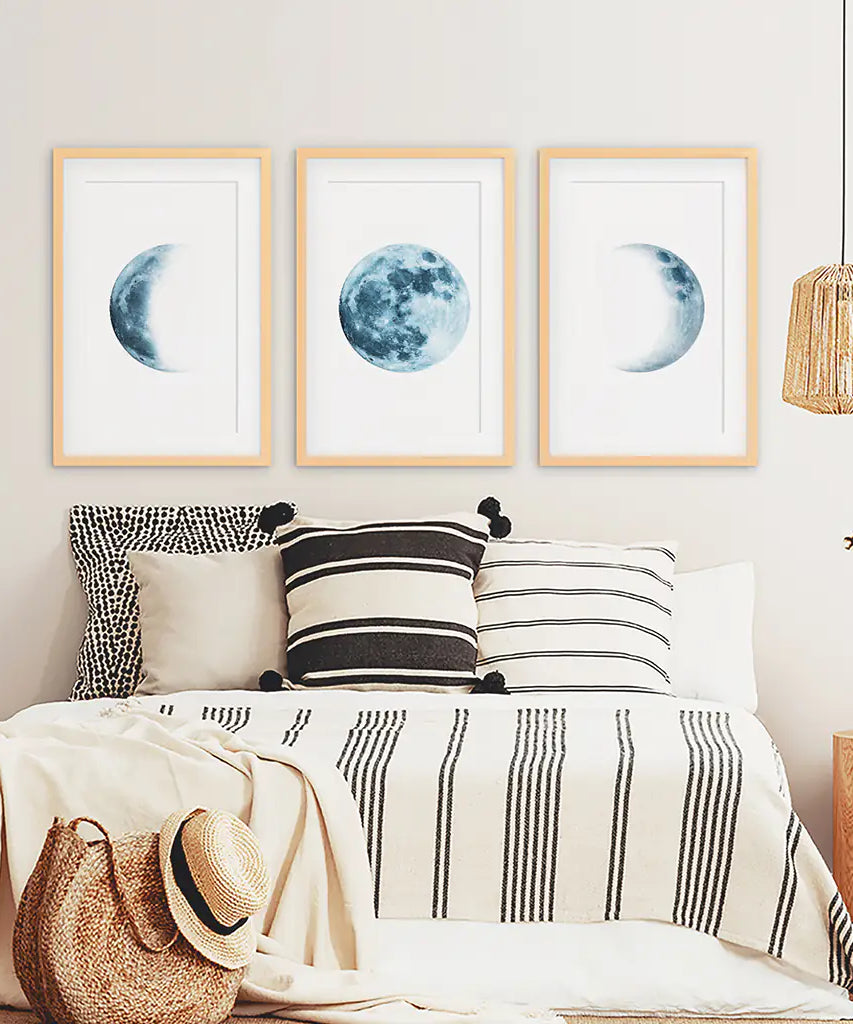 Lunar Phases. Blue Wall Art Set for Boy's Nursery