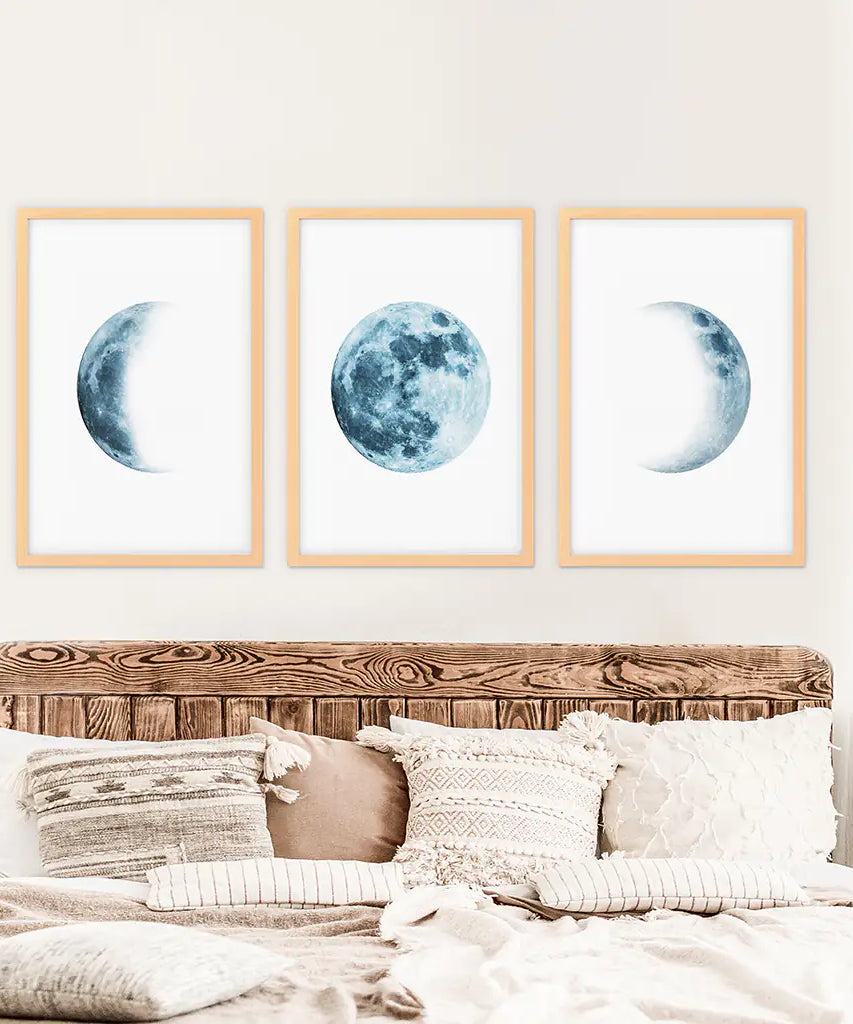 Lunar Phases. Blue Wall Art Set for Boy's Nursery