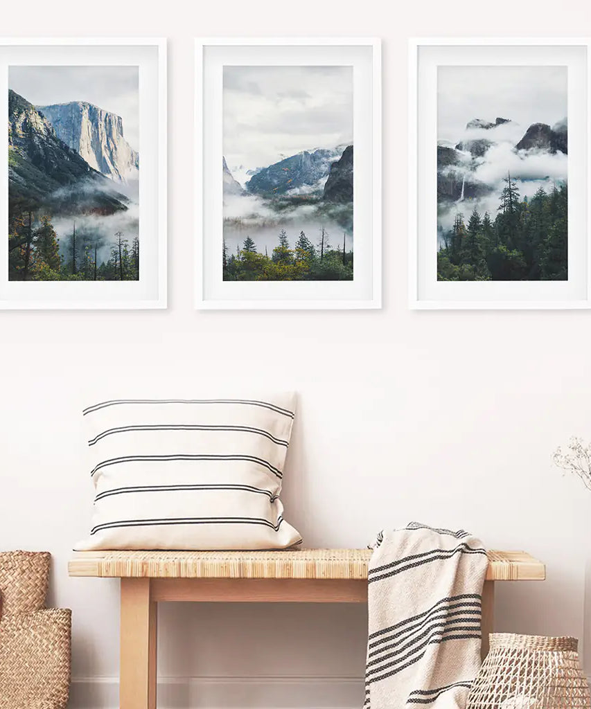 Yosemite Valley Misty Mountain Forest. Set of 3 Prints