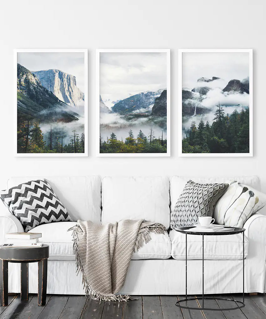 Yosemite Valley Misty Mountain Forest. Set of 3 Prints