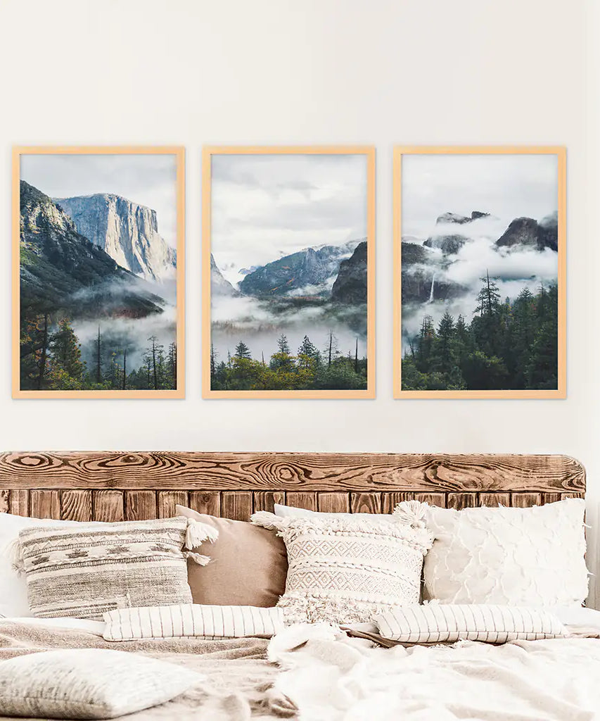 Yosemite Valley Misty Mountain Forest. Set of 3 Prints