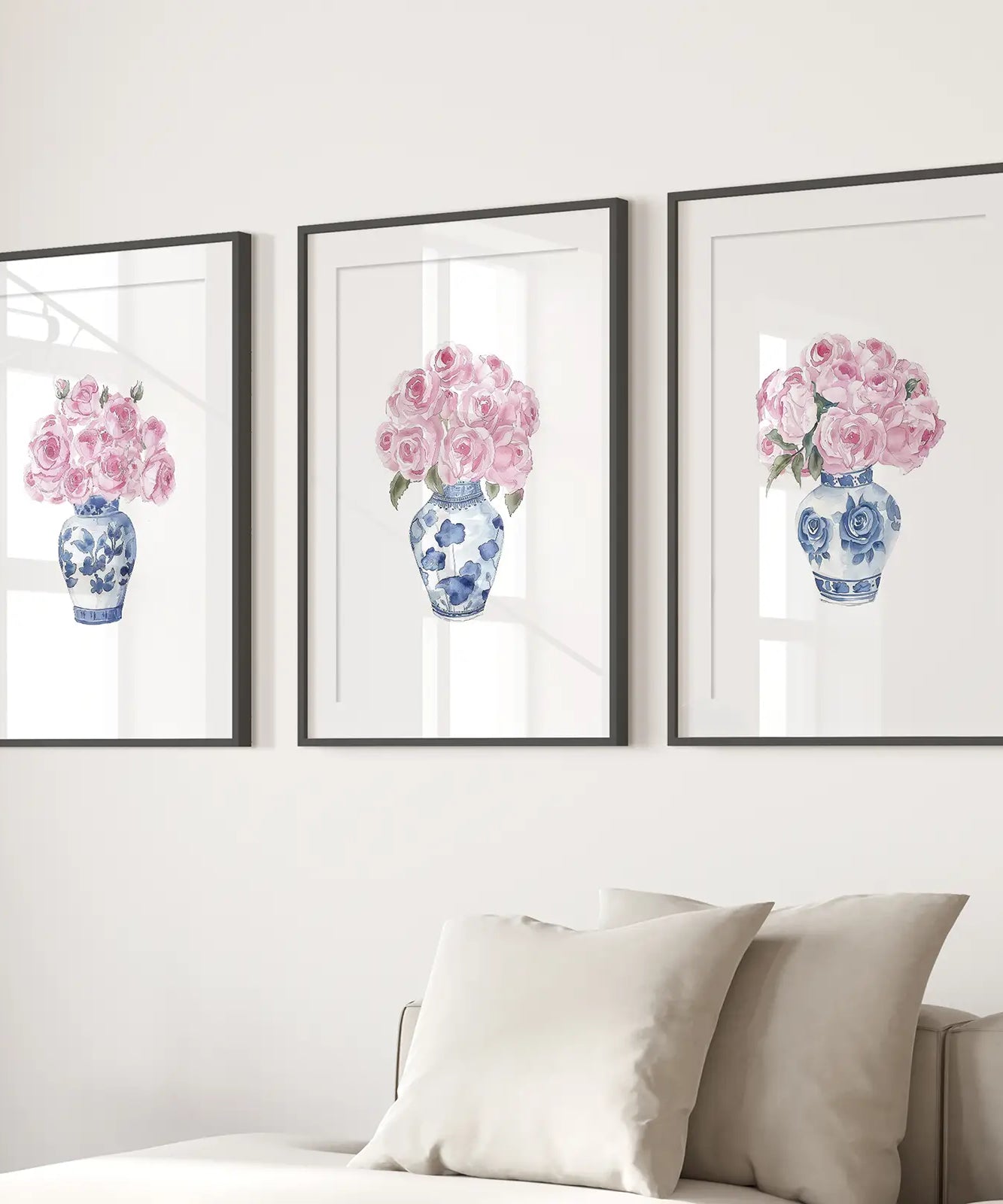Blue Chinoiserie Watercolor Roses Art Print Set