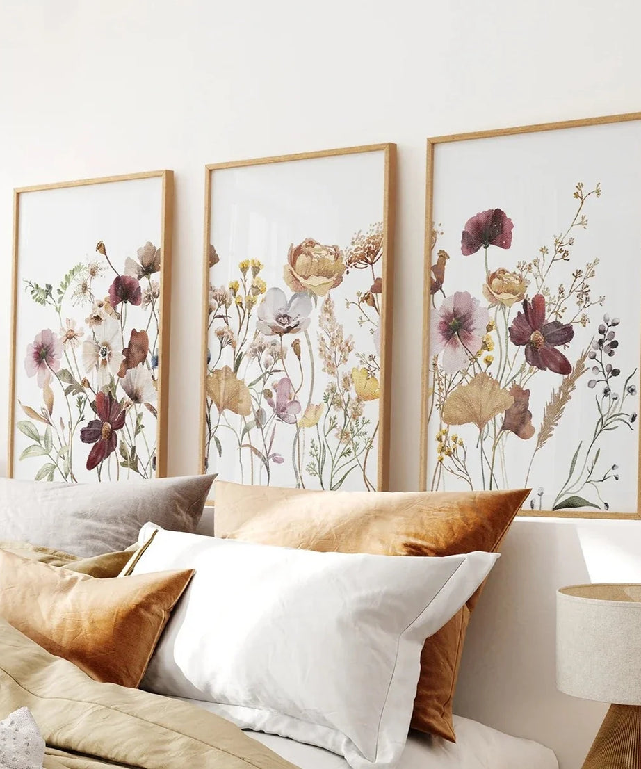 3-teiliges Wandbild-Set mit braunen und roten Wildblumen