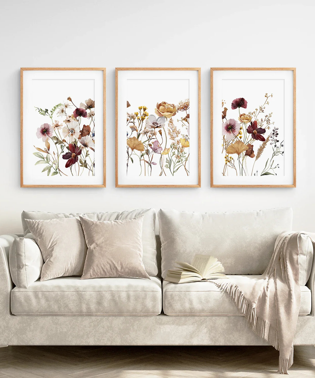 3-teiliges Wandbild-Set mit braunen und roten Wildblumen