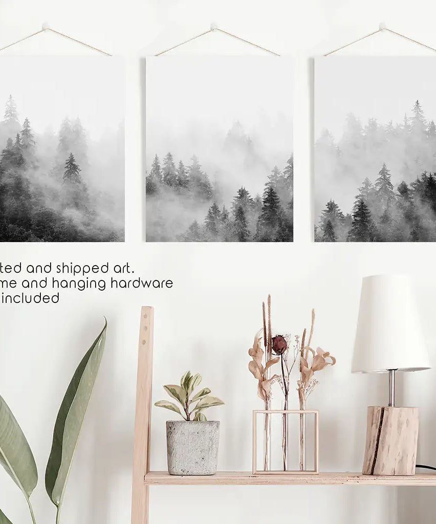 Black White Misty Forest Wall Art Set of 3