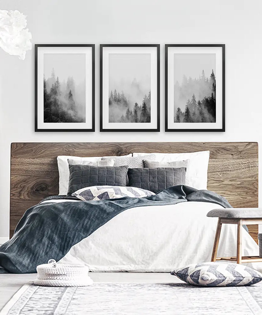 Black White Misty Forest Wall Art Set of 3