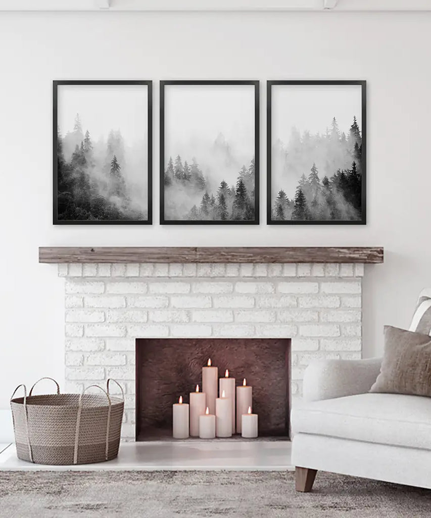 Black White Misty Forest Wall Art Set of 3