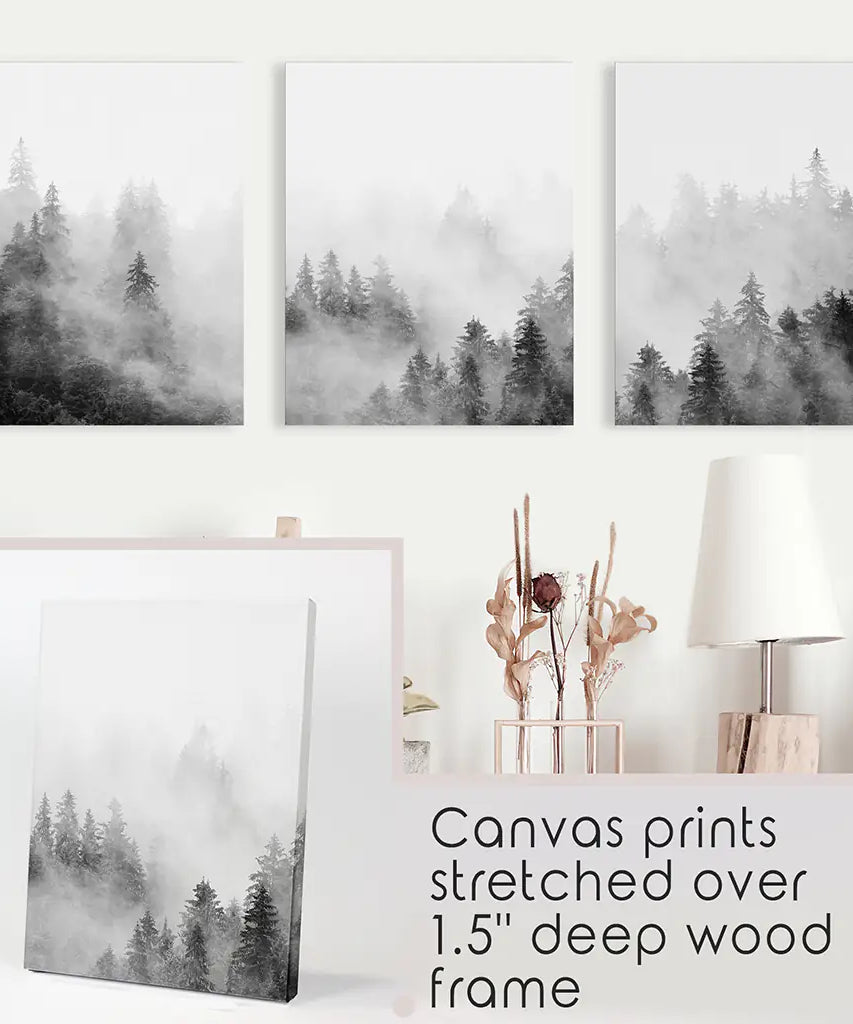 Black White Misty Forest Wall Art Set of 3