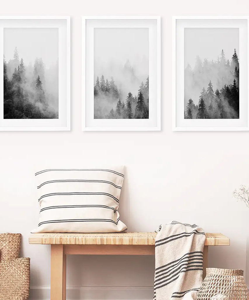 Black White Misty Forest Wall Art Set of 3