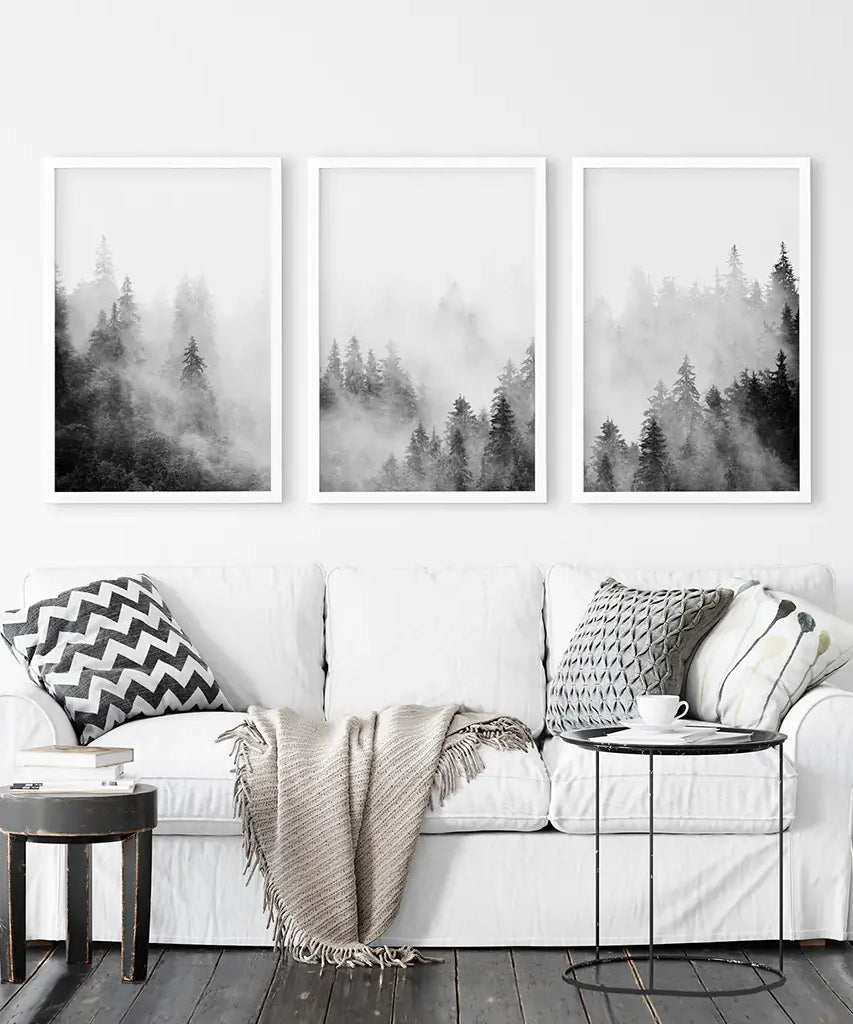 Black White Misty Forest Wall Art Set of 3