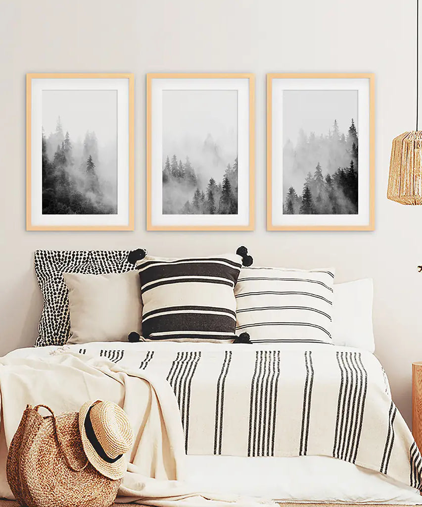 Black White Misty Forest Wall Art Set of 3