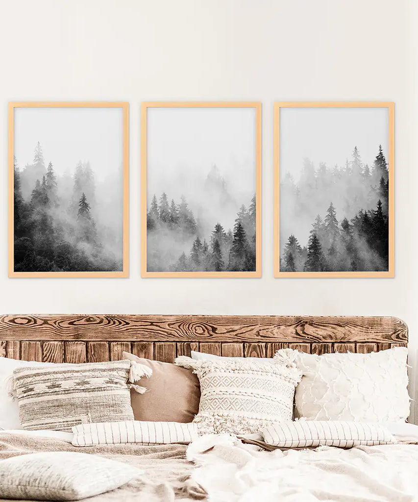 Black White Misty Forest Wall Art Set of 3