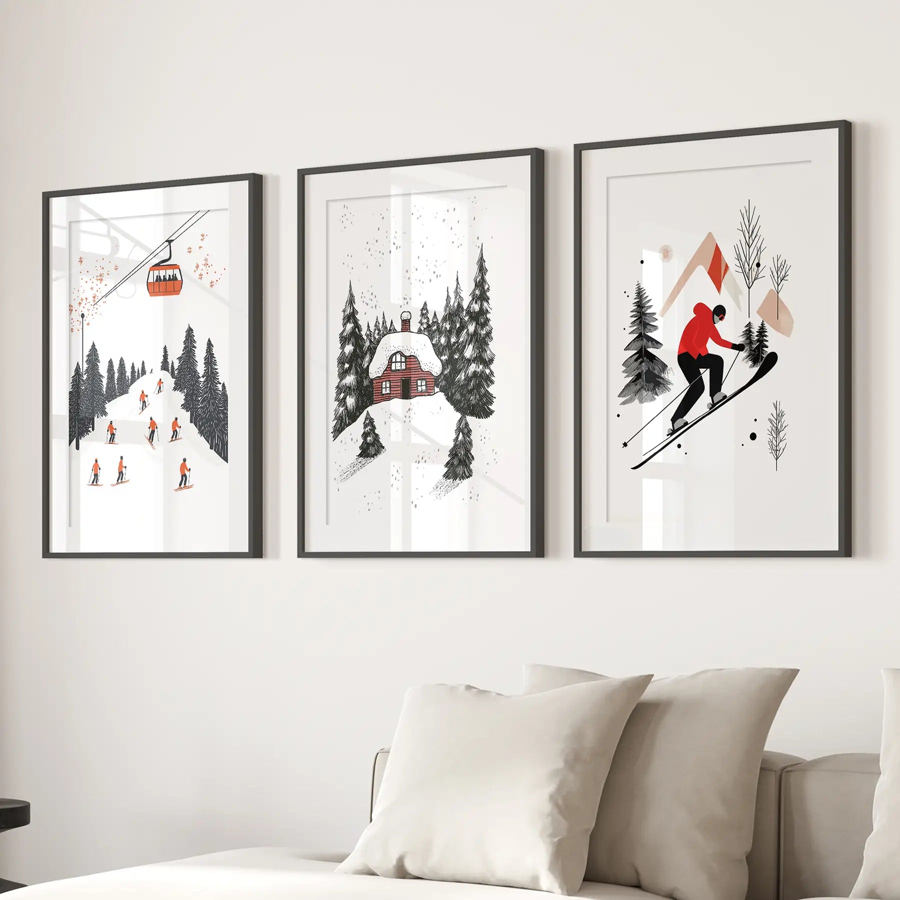 Alpiner Skisport Winter 3er-Set Drucke Wandkunst für Zuhause