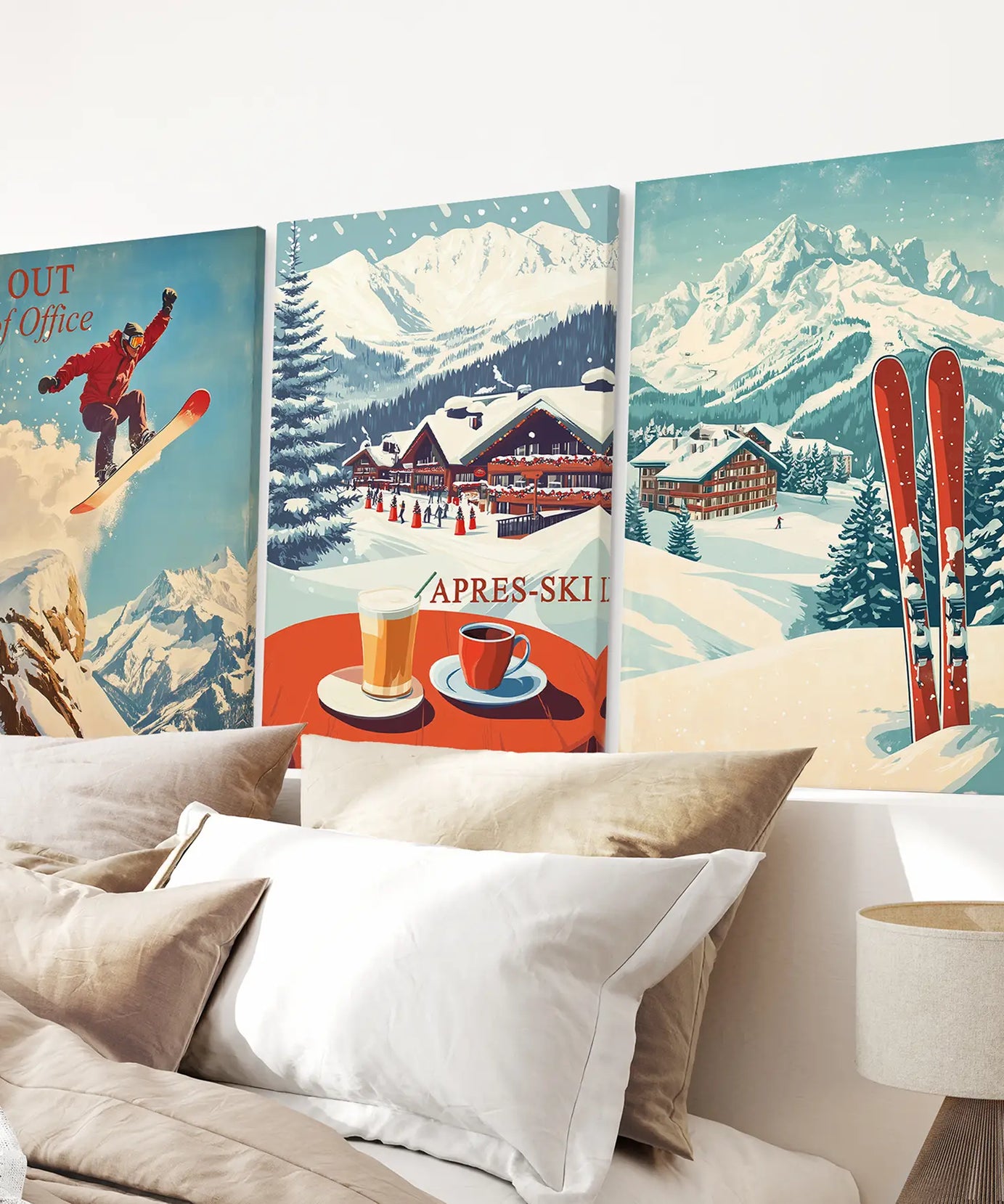 Ski Lodge Set of 3 Prints: Retro Snowboard, Après Ski Art