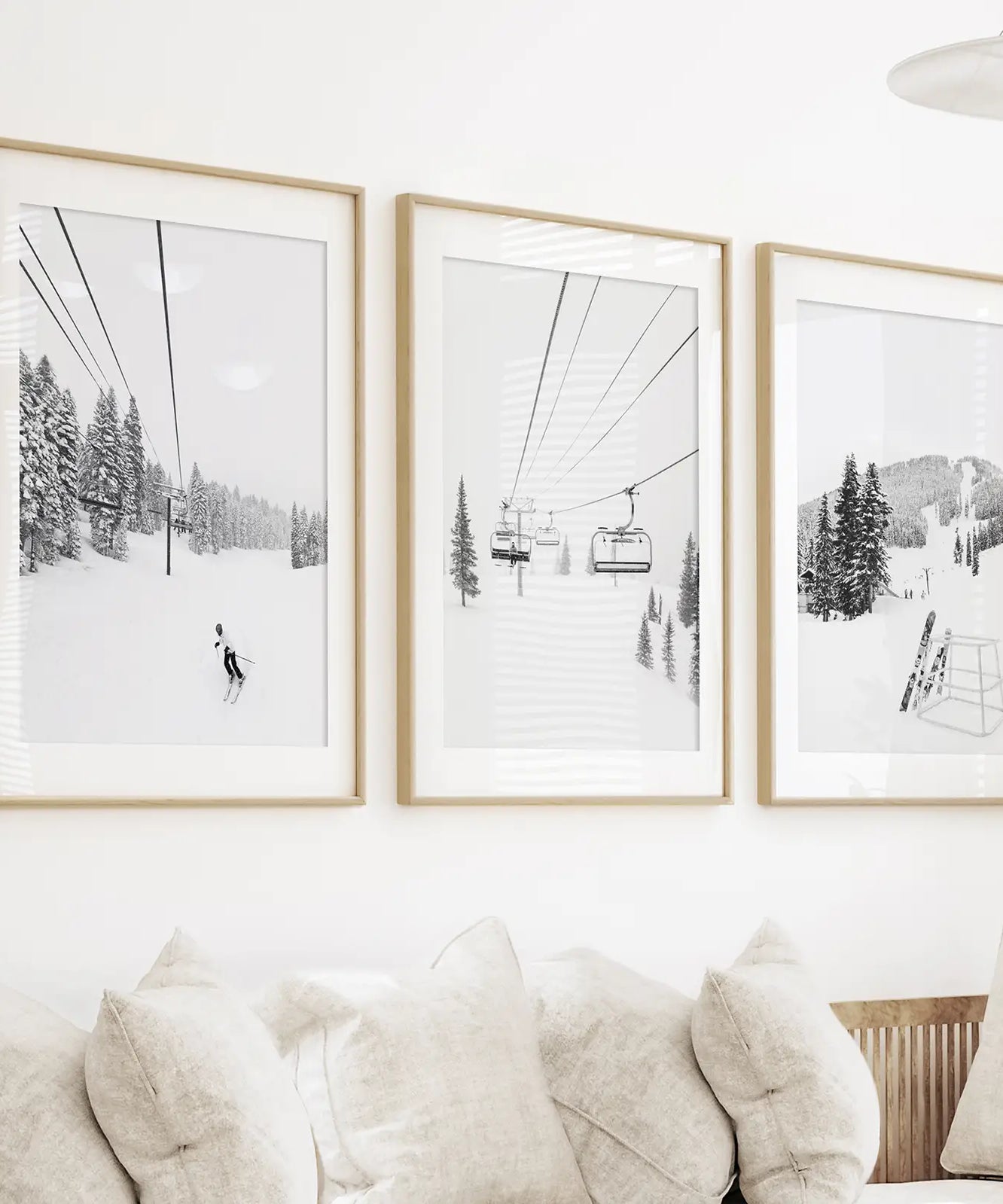 3-teiliges Wandbild-Set, Schwarz-Weiß, Wintersport. Skihütte