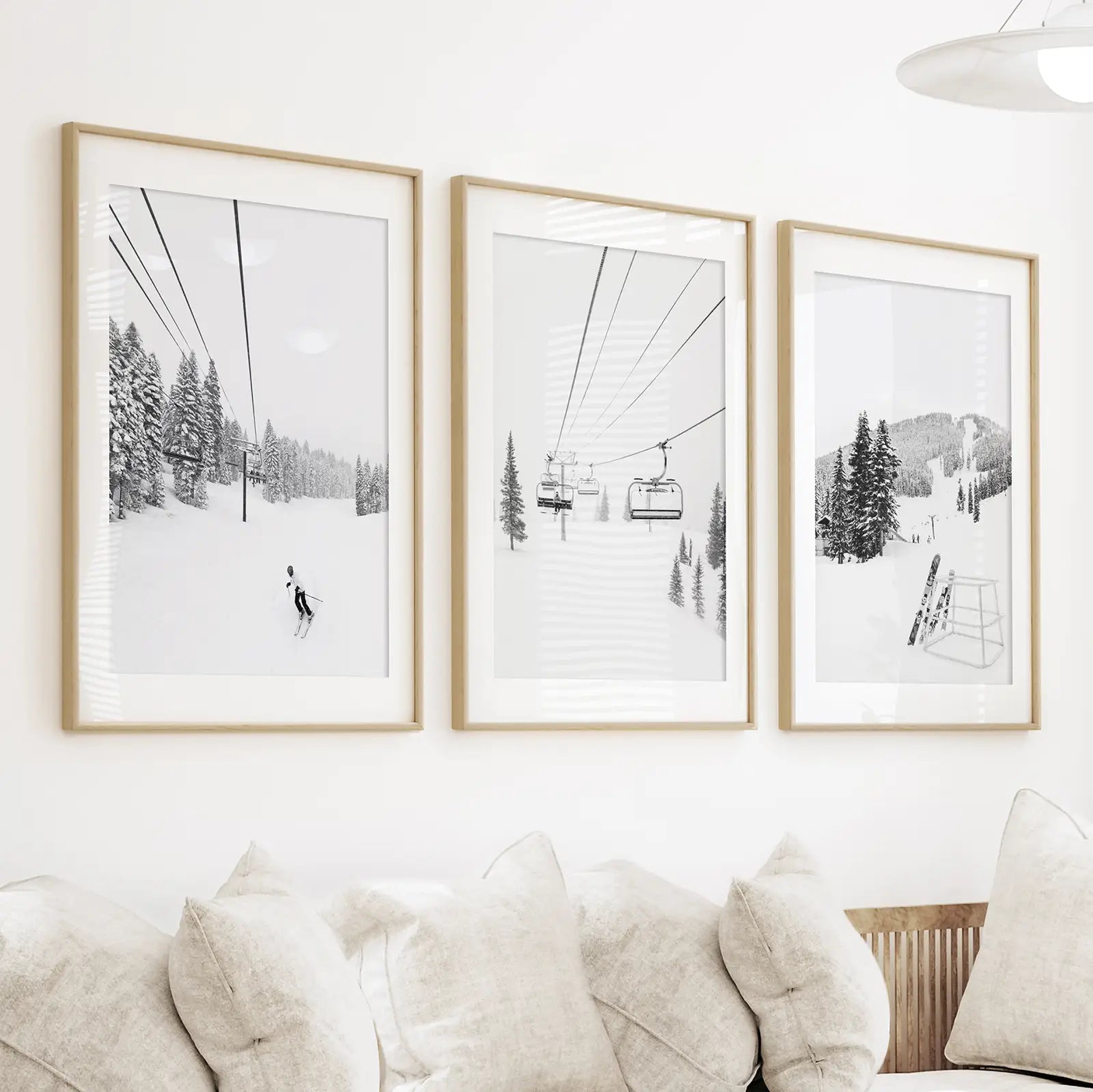 3-teiliges Wandbild-Set, Schwarz-Weiß, Wintersport. Skihütte