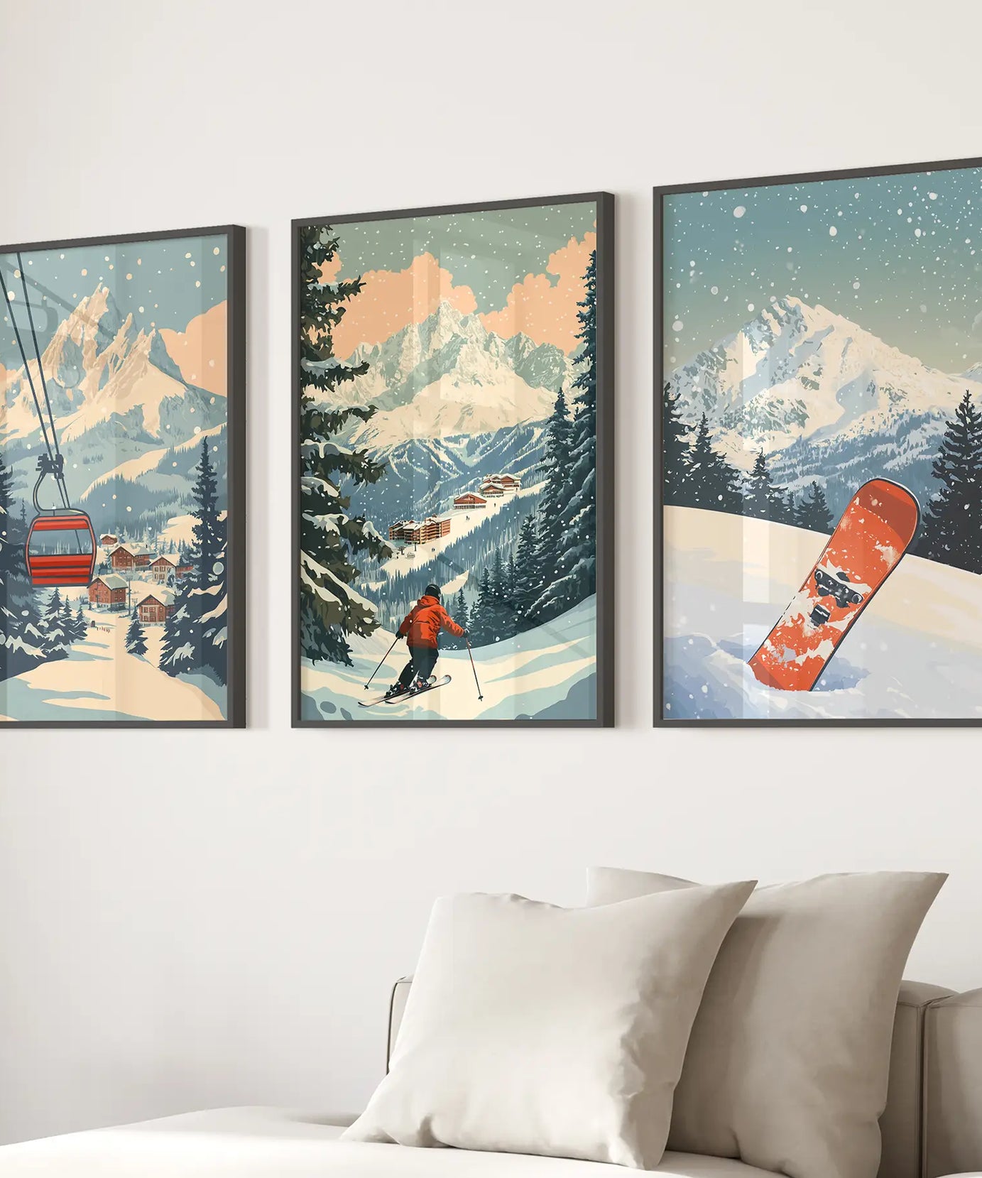 Vintage Ski Poster Set of 3. Snowboard, Skier & Ski Lift Wall Art
