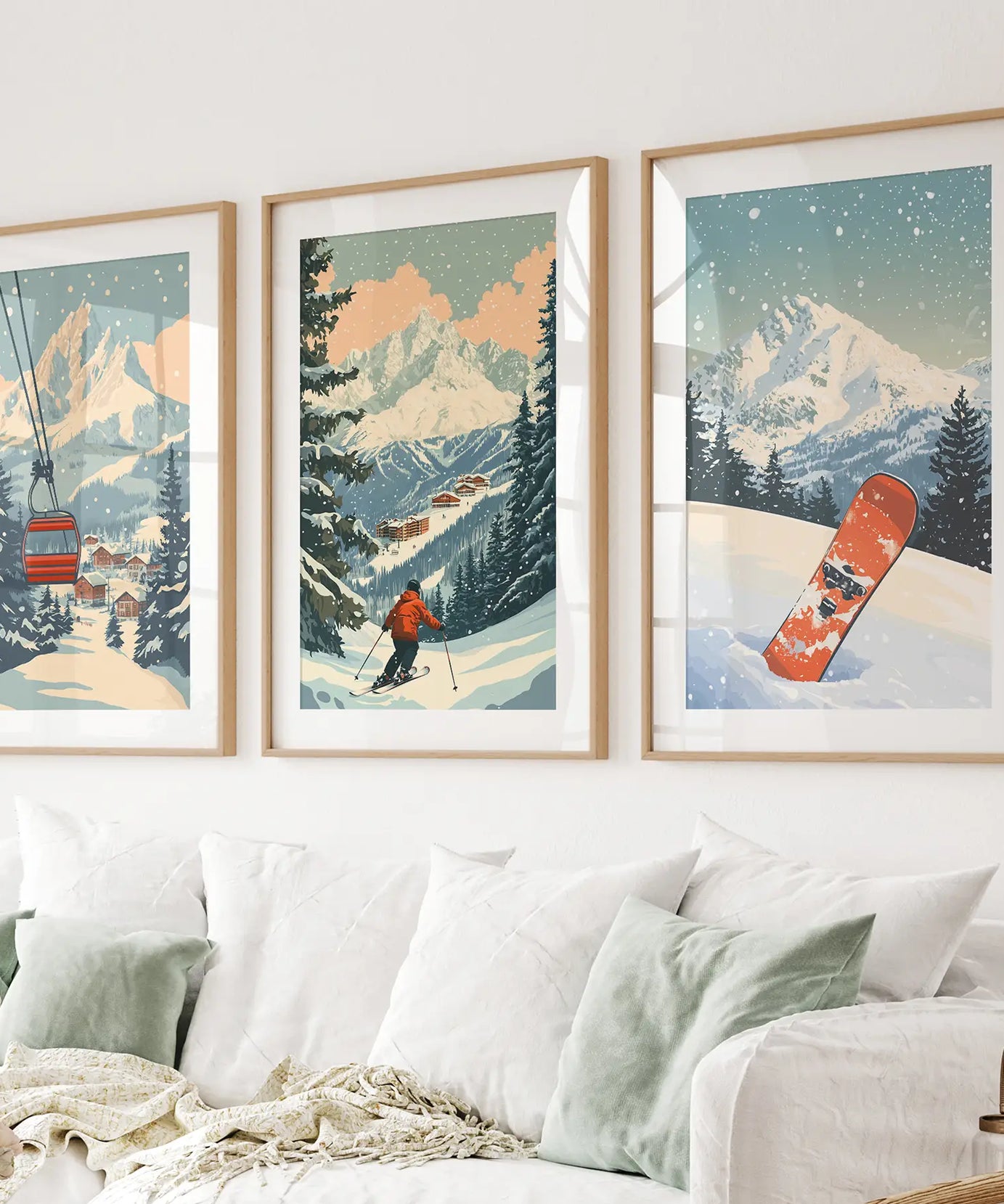 Vintage Ski Poster Set of 3. Snowboard, Skier & Ski Lift Wall Art