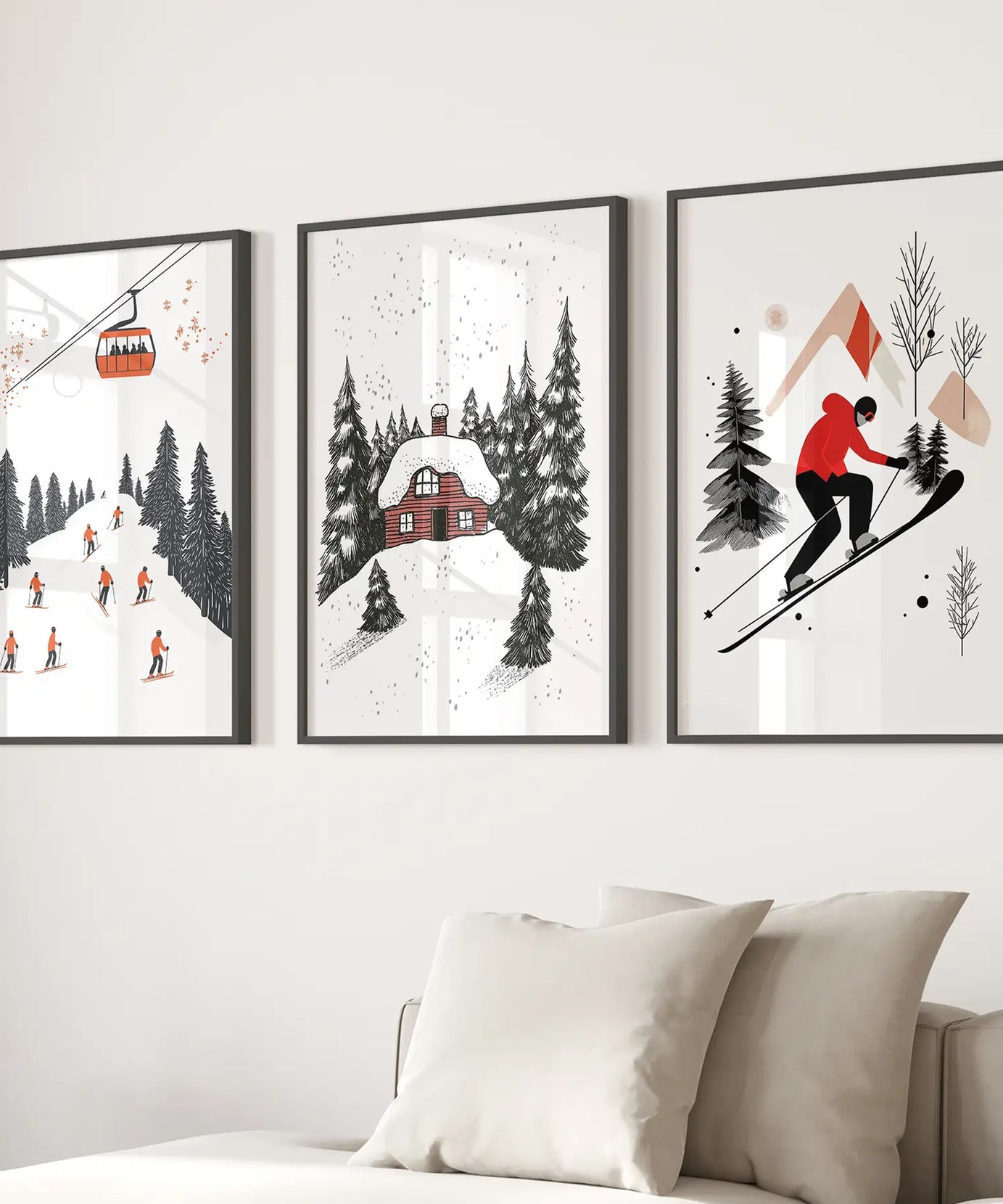 Alpiner Skisport Winter 3er-Set Drucke Wandkunst für Zuhause