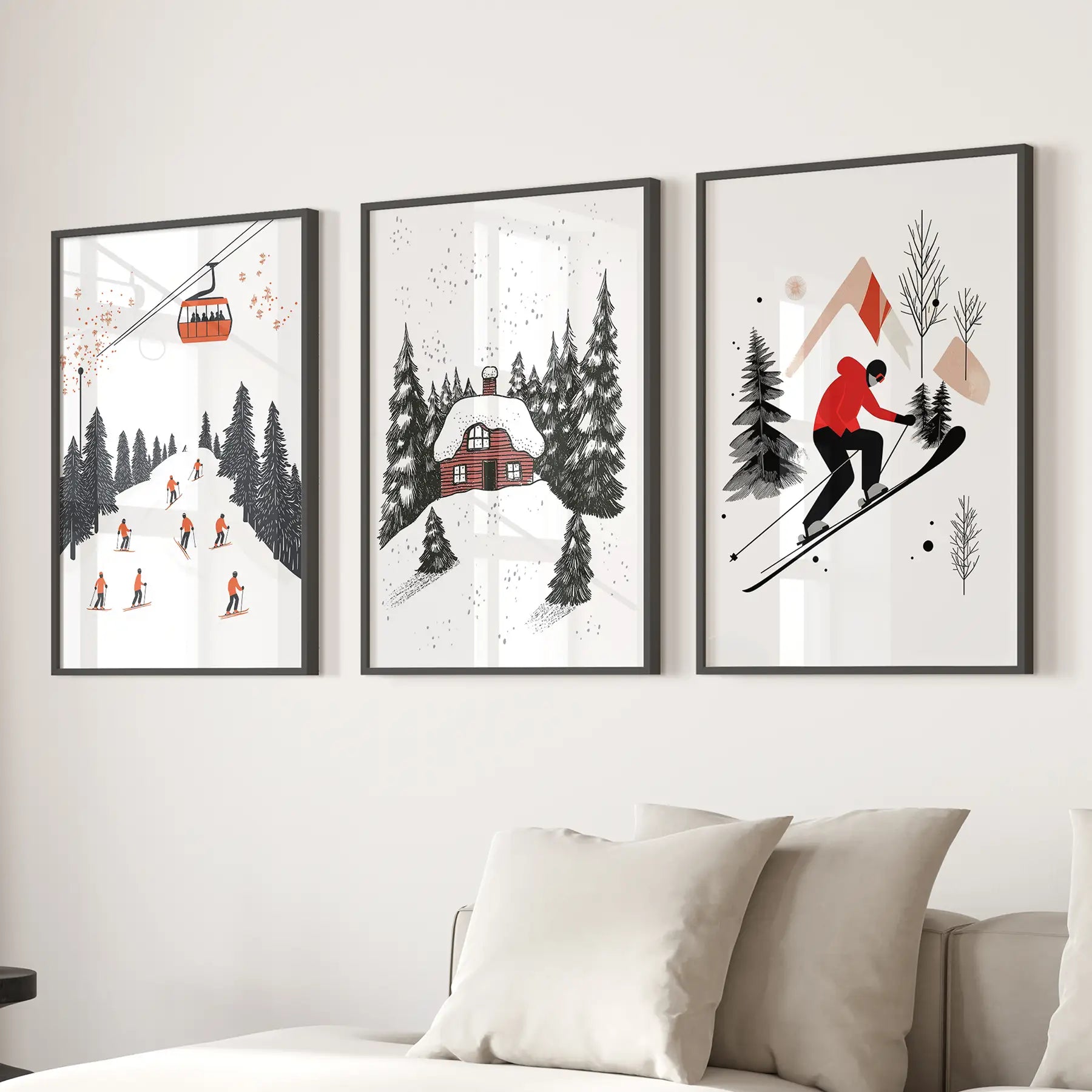 Alpiner Skisport Winter 3er-Set Drucke Wandkunst für Zuhause
