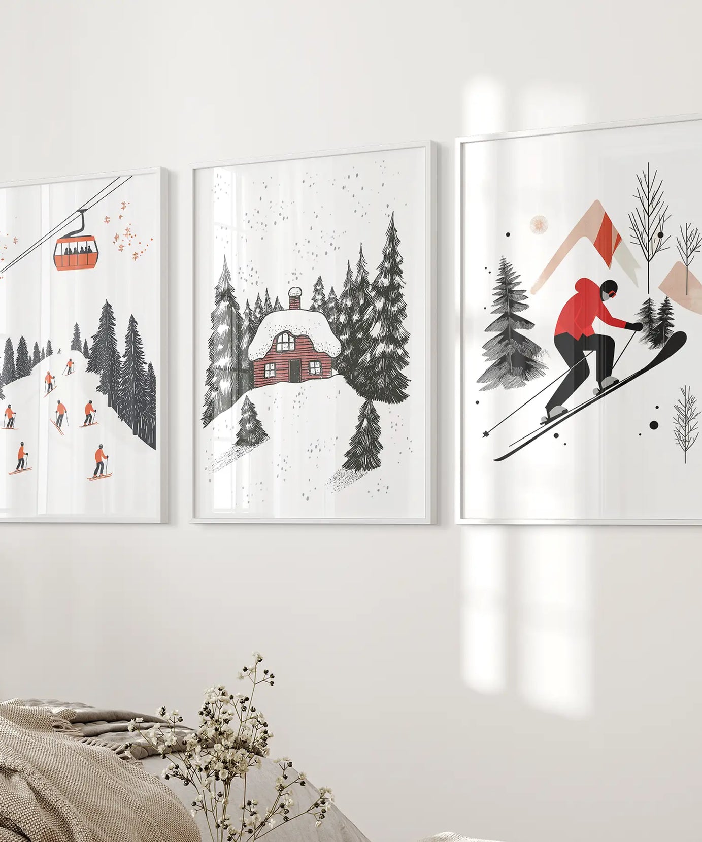 Alpiner Skisport Winter 3er-Set Drucke Wandkunst für Zuhause