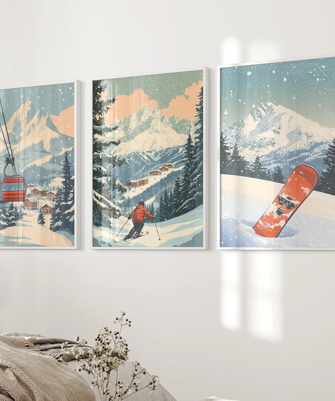 Vintage Ski Poster Set of 3. Snowboard, Skier & Ski Lift Wall Art