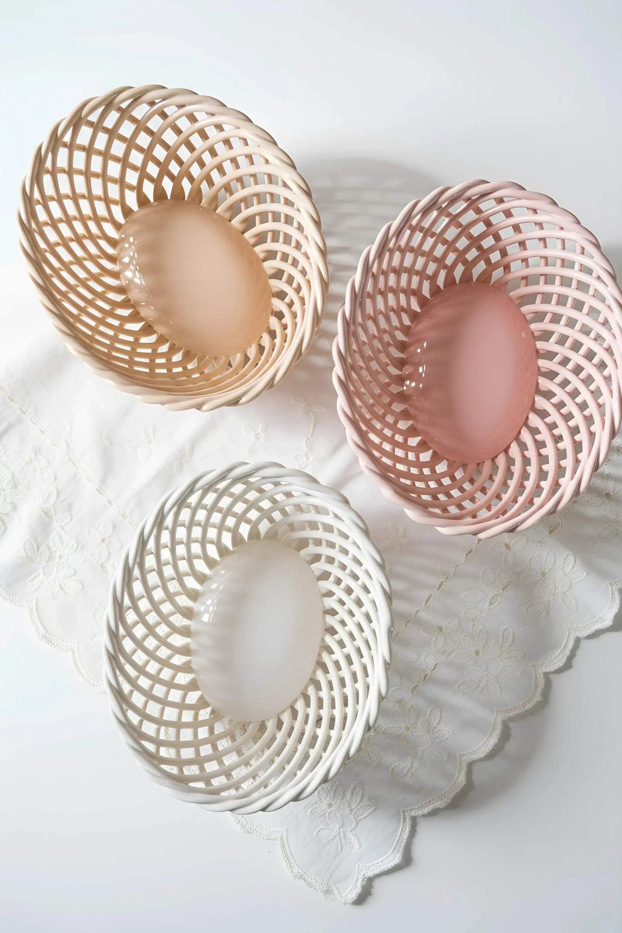 Hand-Woven Ceramic Basket -Small Oval Porcelain Dish in White, Beige & Pink