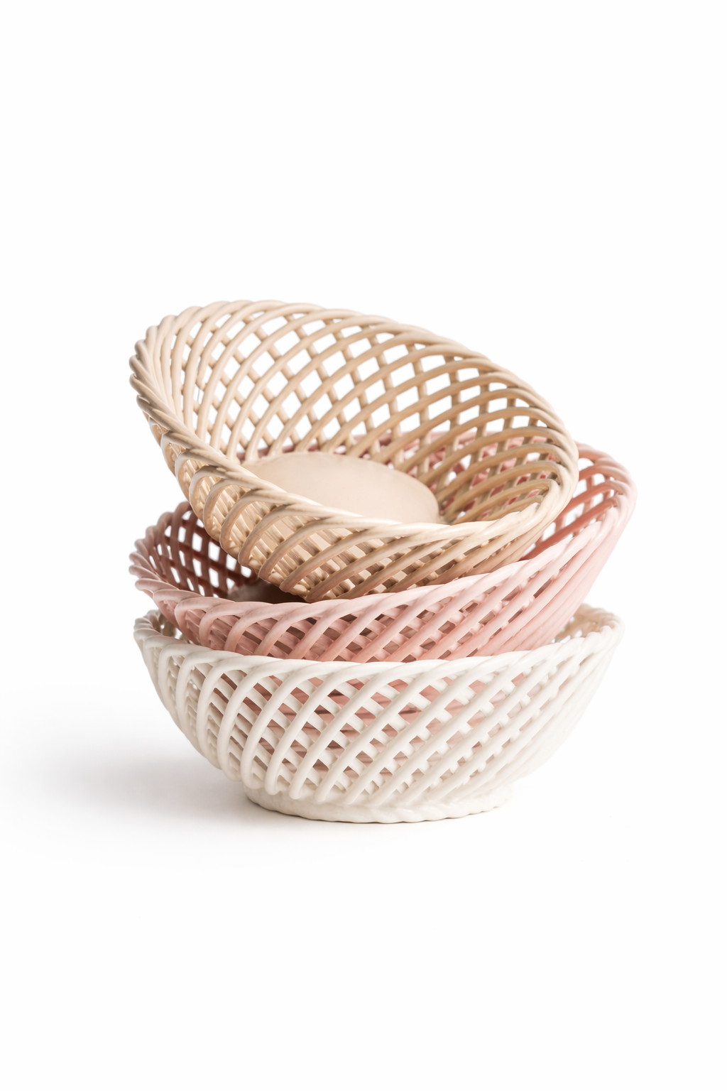 Hand-Woven Ceramic Basket -Small Oval Porcelain Dish in White, Beige & Pink