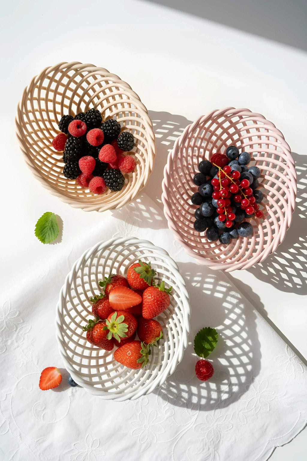 Hand-Woven Ceramic Basket -Small Oval Porcelain Dish in White, Beige & Pink