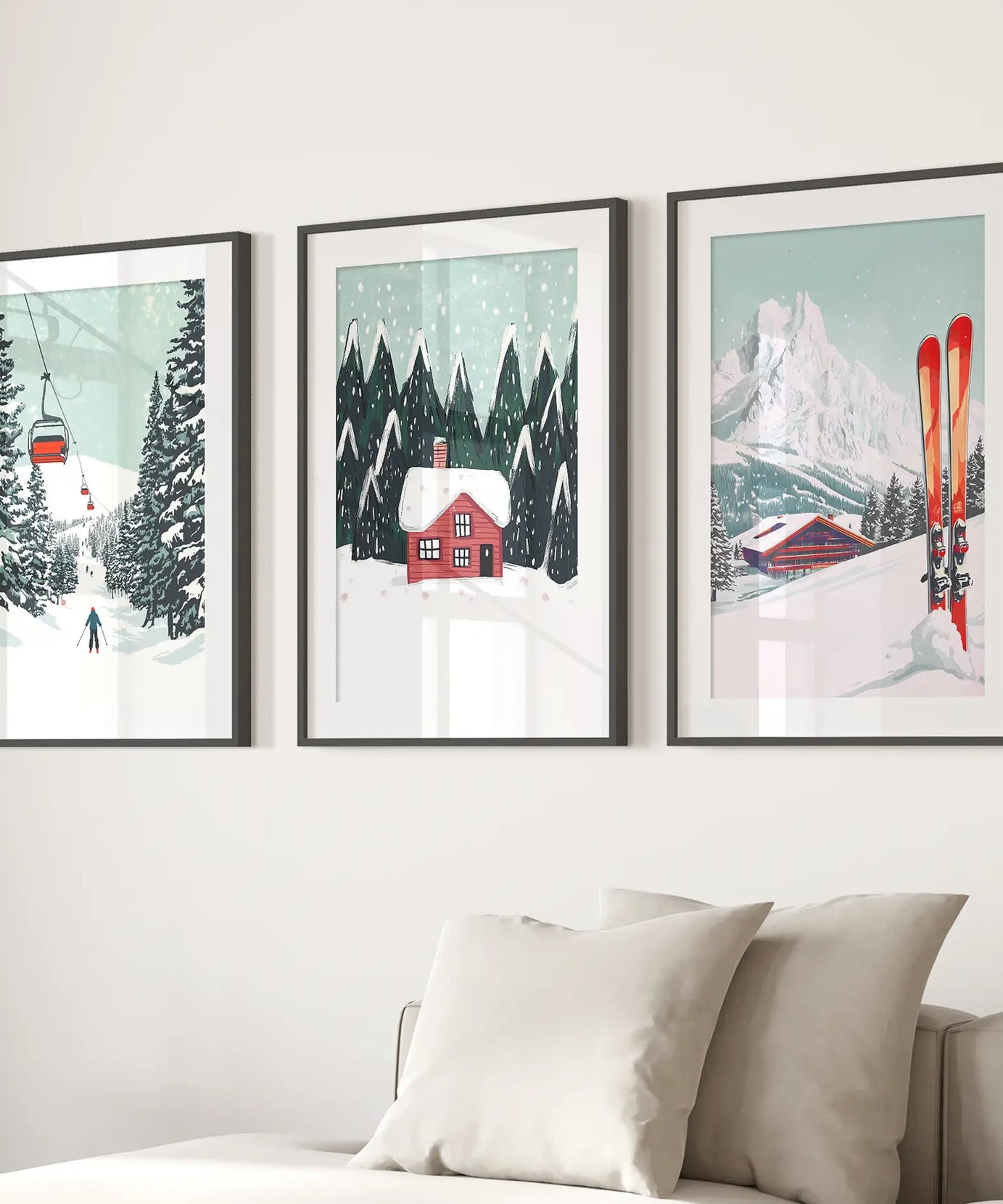 Skilifte, gemütliche Hütte und verschneite Gipfel Wandkunst