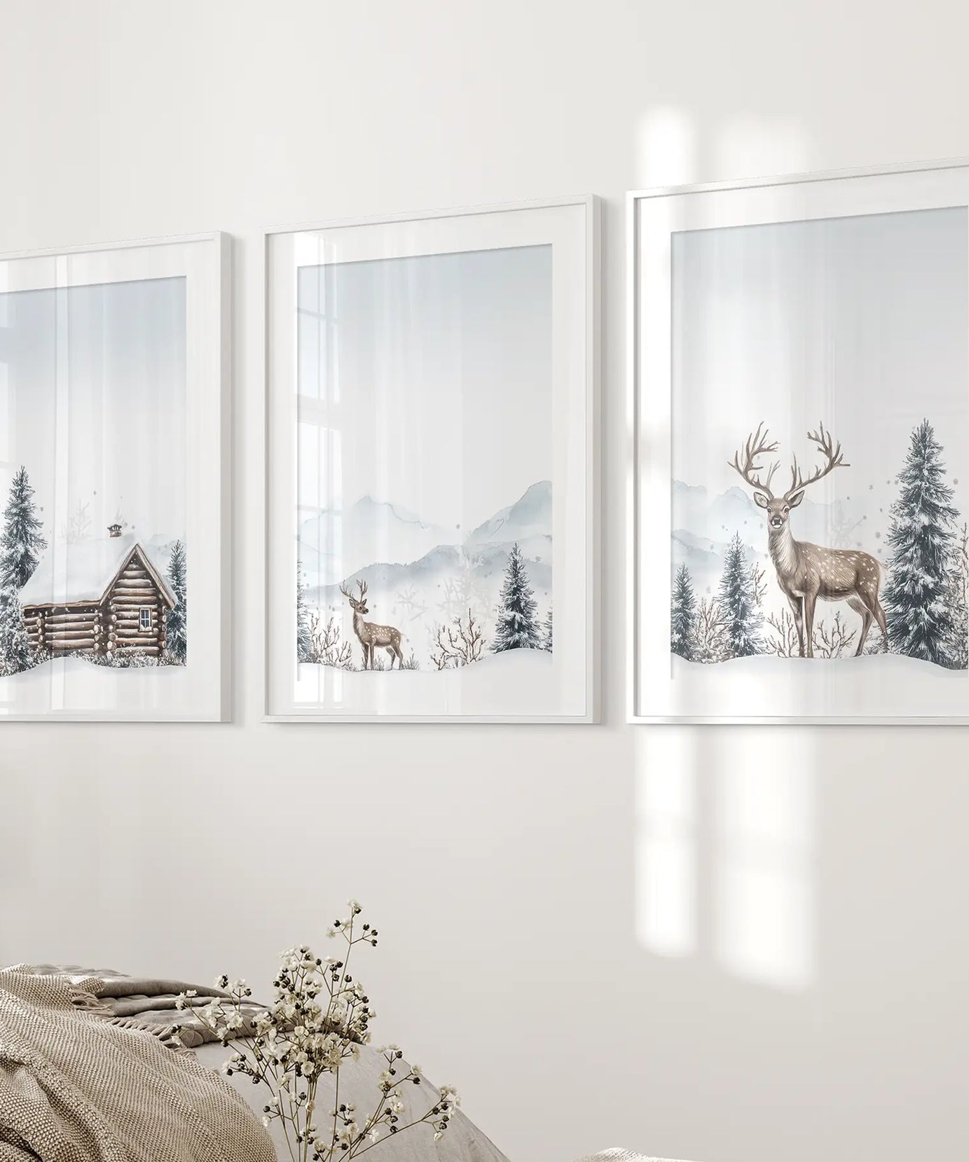 Snowy Deer Wall Art Set of 3. Winter Woodland Prints
