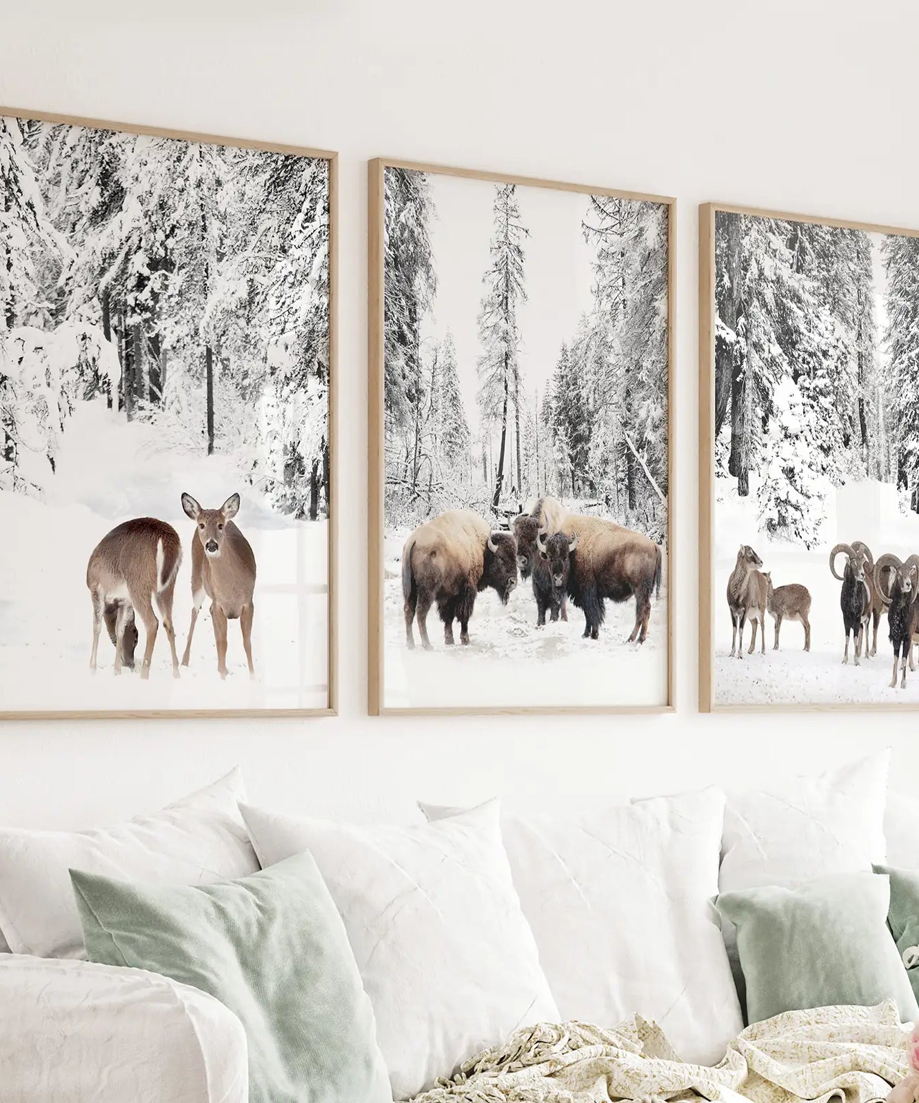 Wintertiere Wandbild Set mit 3. Büffel, Reh, Ziege