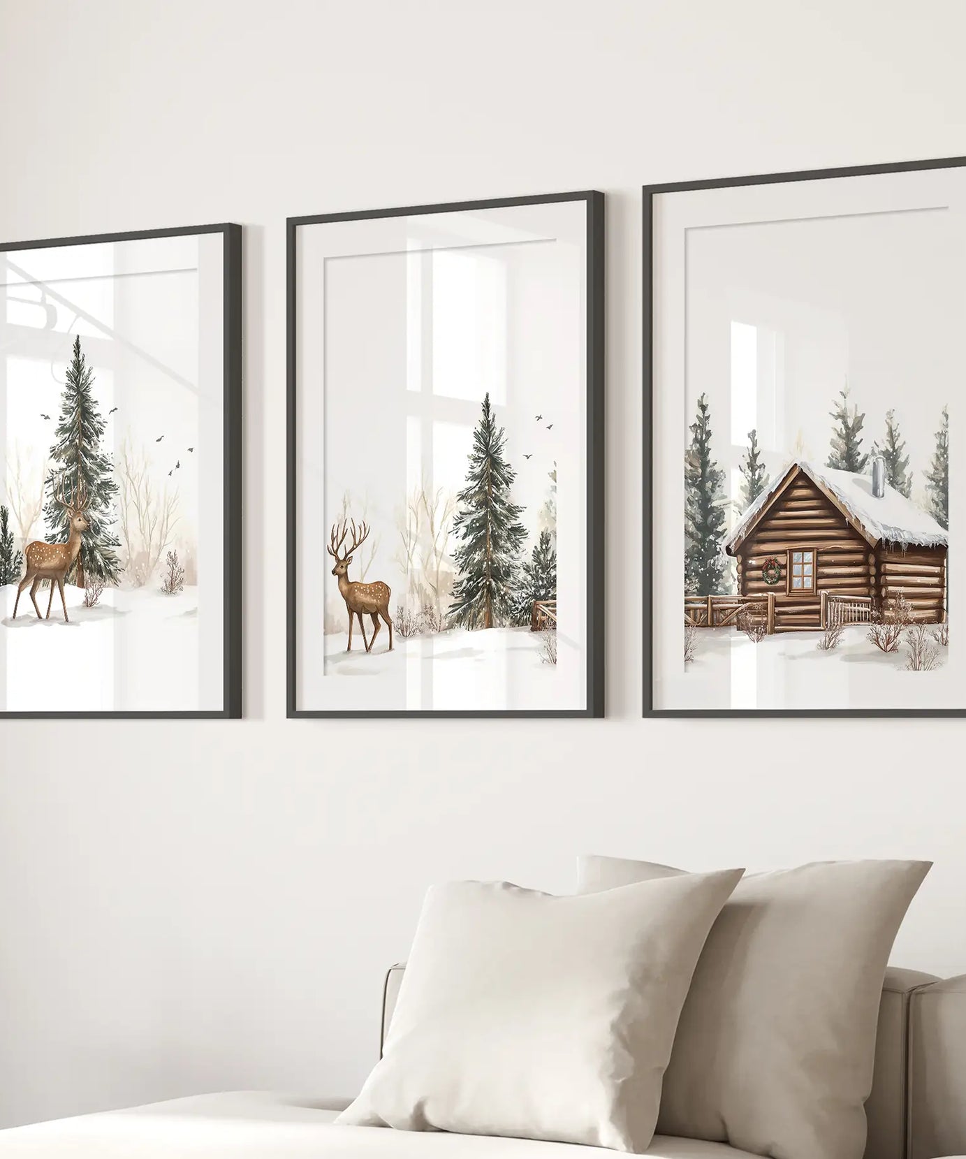 Deer and Cabin Winter 3 Piece Wall Art. Rustic Nordic Prints