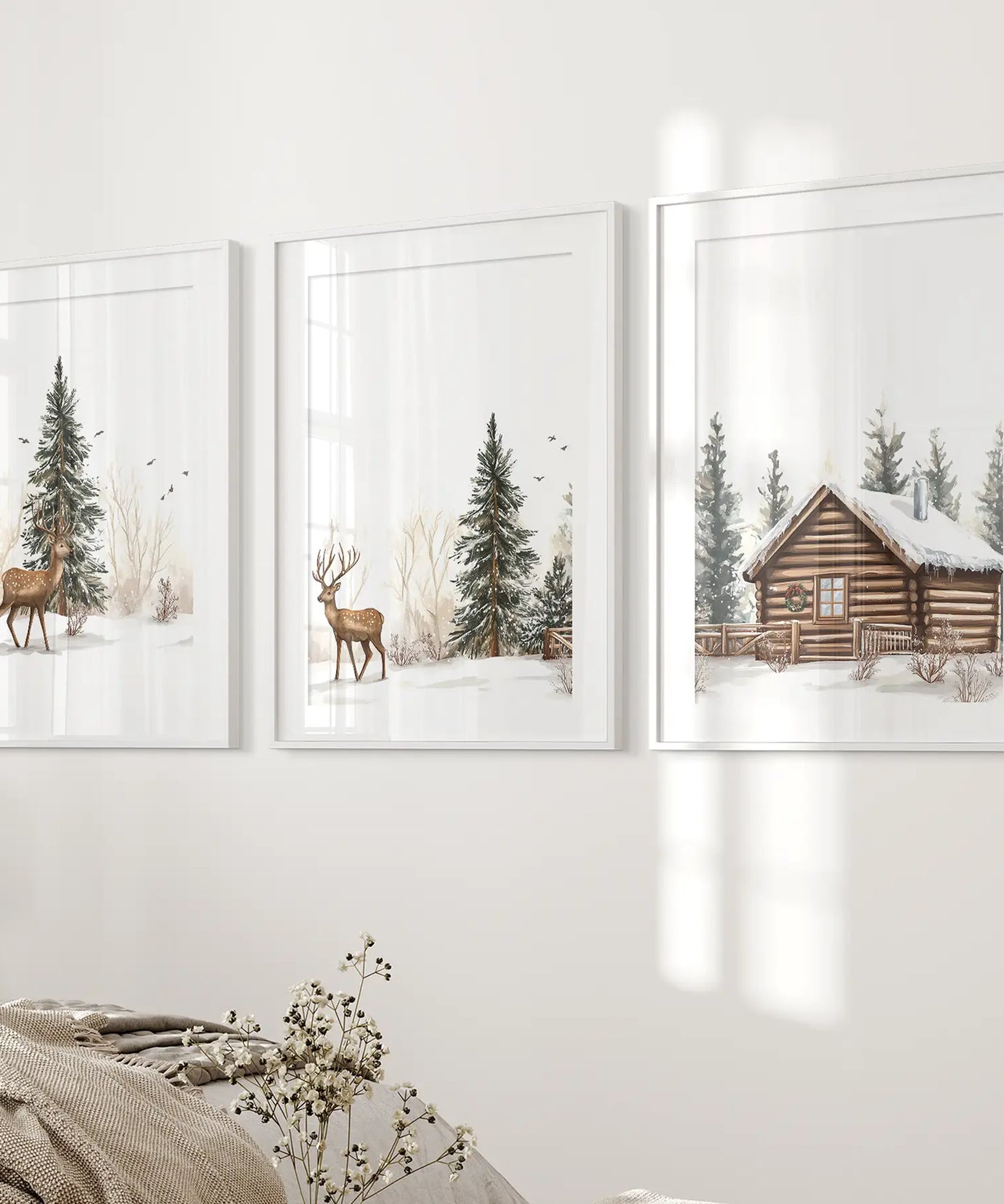 Deer and Cabin Winter 3 Piece Wall Art. Rustic Nordic Prints