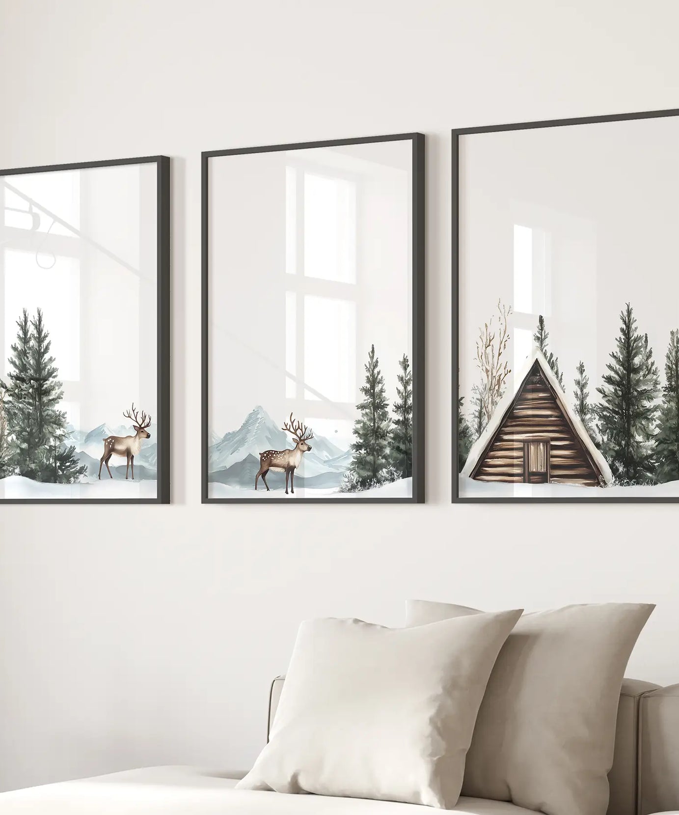 Rustic Cabin, Snowy Forest Prints. 3 Piece Winter Wall Art