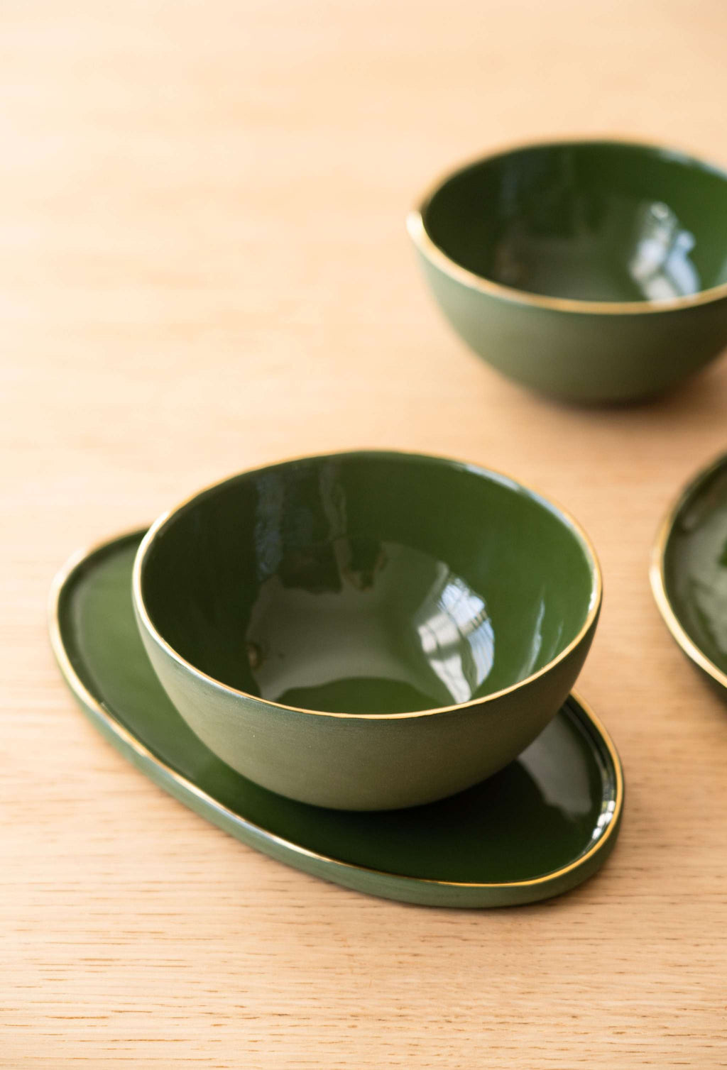 Porcelain Oval Serving Platter with Gold Rim. Green