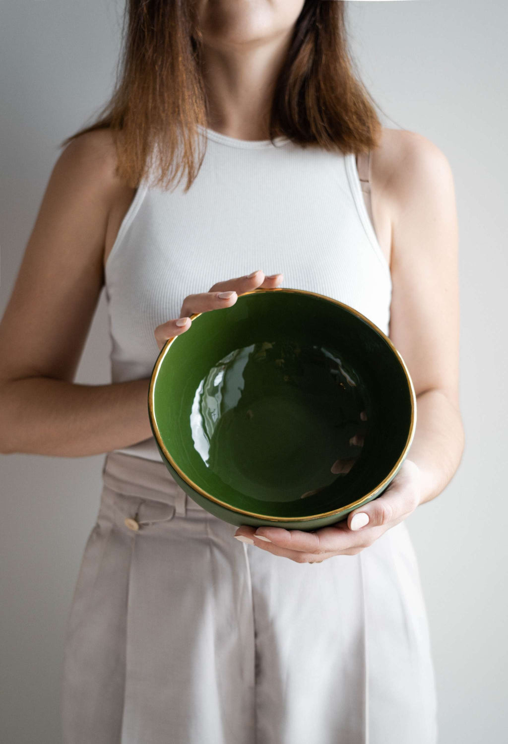 Handmade Porcelain Salad Bowl with Gold Rim. Green