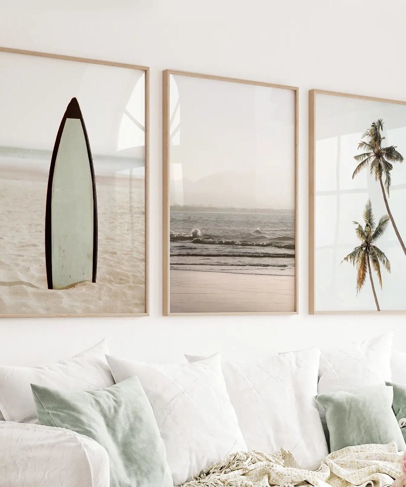 Beige Tones Coastal Wall Art. Surfboard, Ocean Beach, Palm