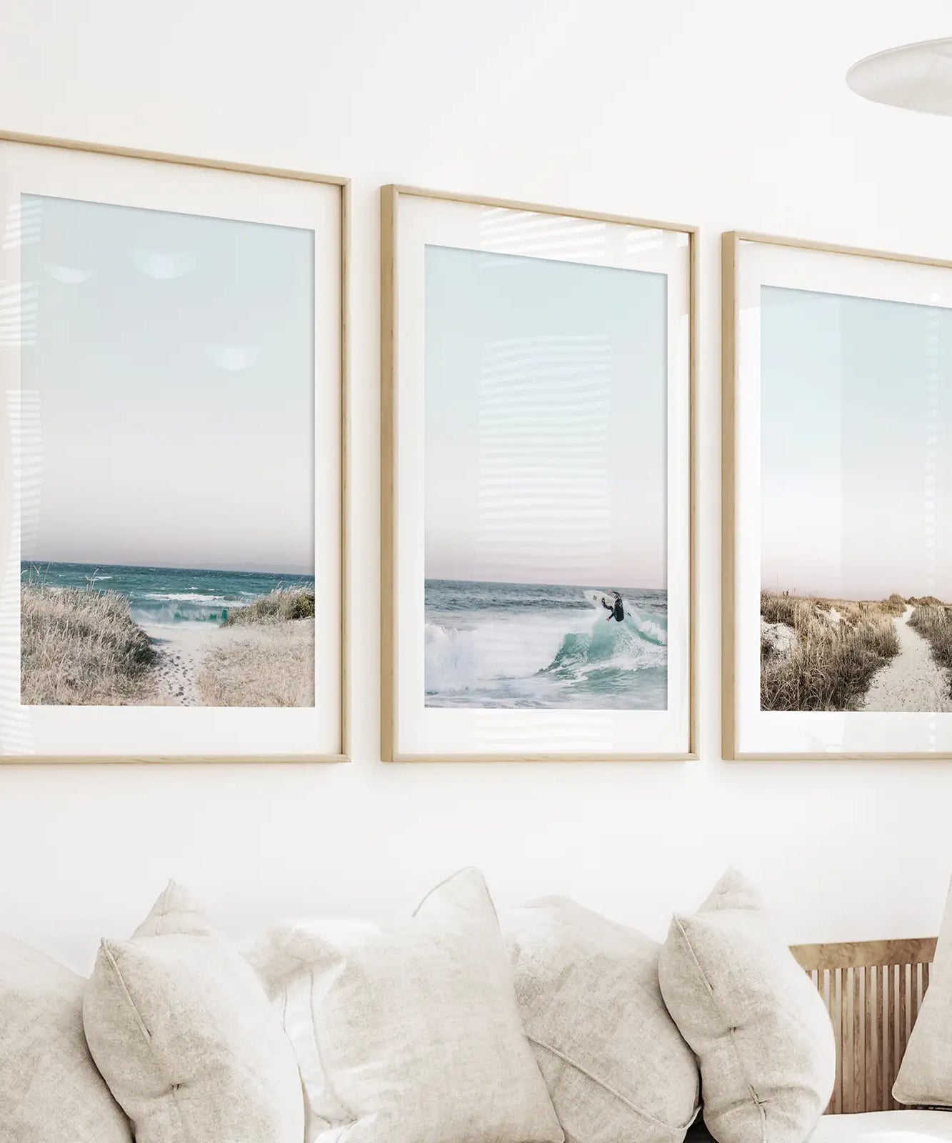 Ocean Surfing 3 Piece Wall Art. Blue Waves, Sandy Beach Path