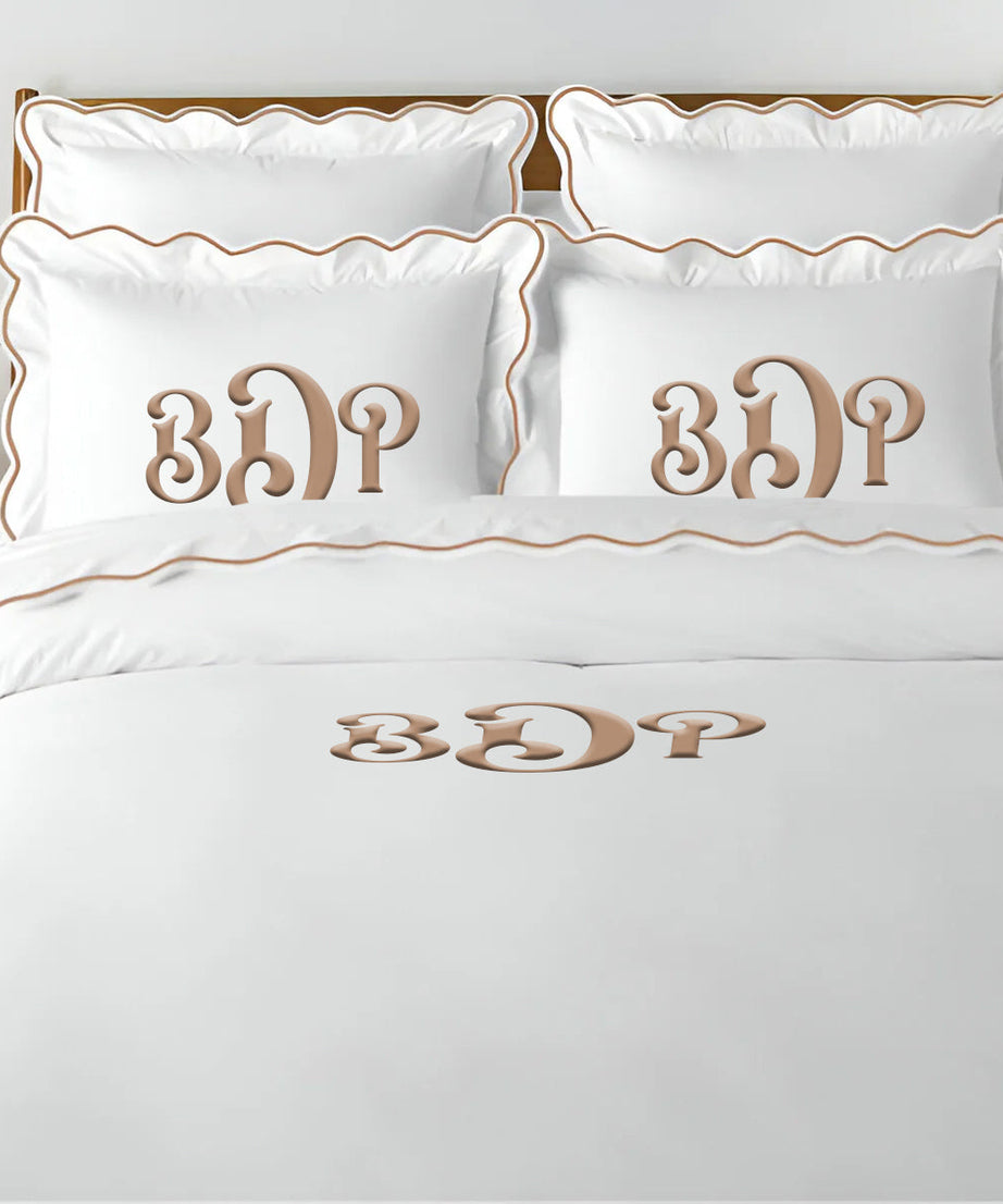 Monogram 400TC Cotton Scallop Embroidery Sateen Solid Duvet Cover Set
