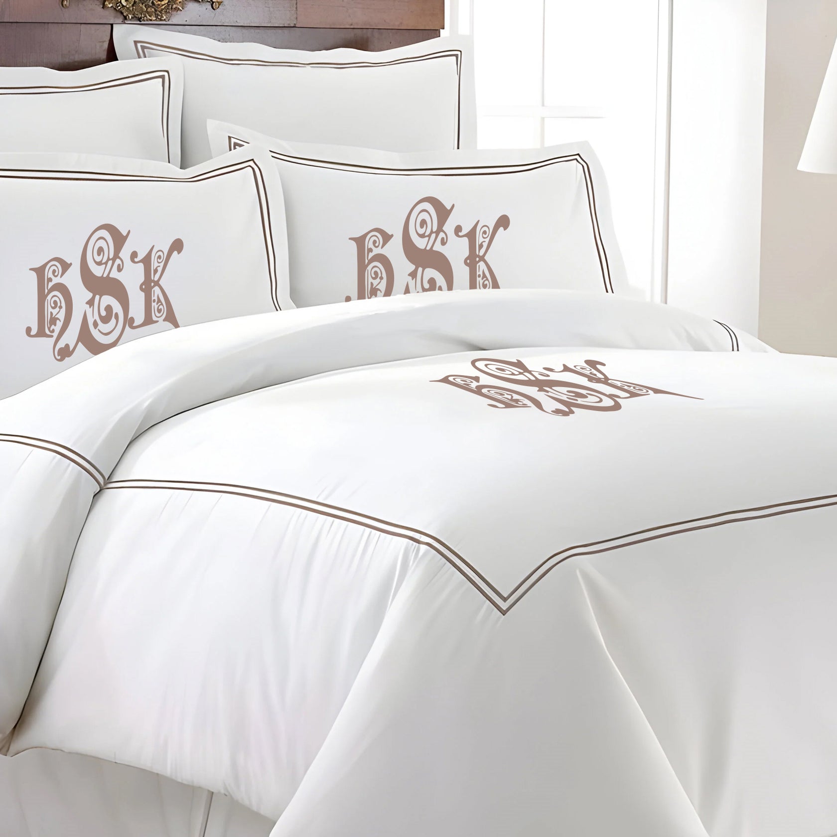 Monogram 400TC Cotton Double Embroidery Sateen Solid Duvet Cover Set