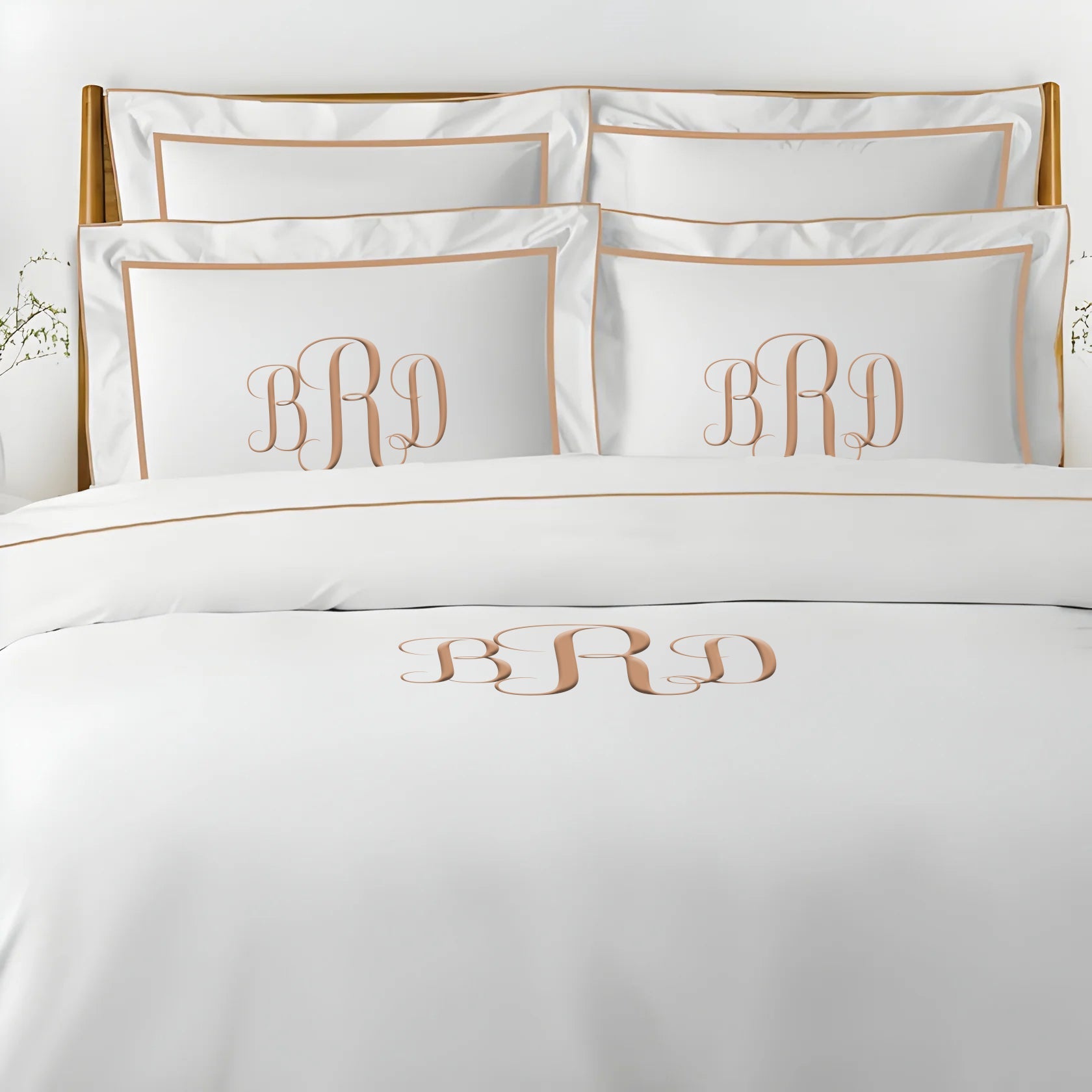 Monogram Embroidery & Border Cotton Sateen Solid Duvet Cover Set