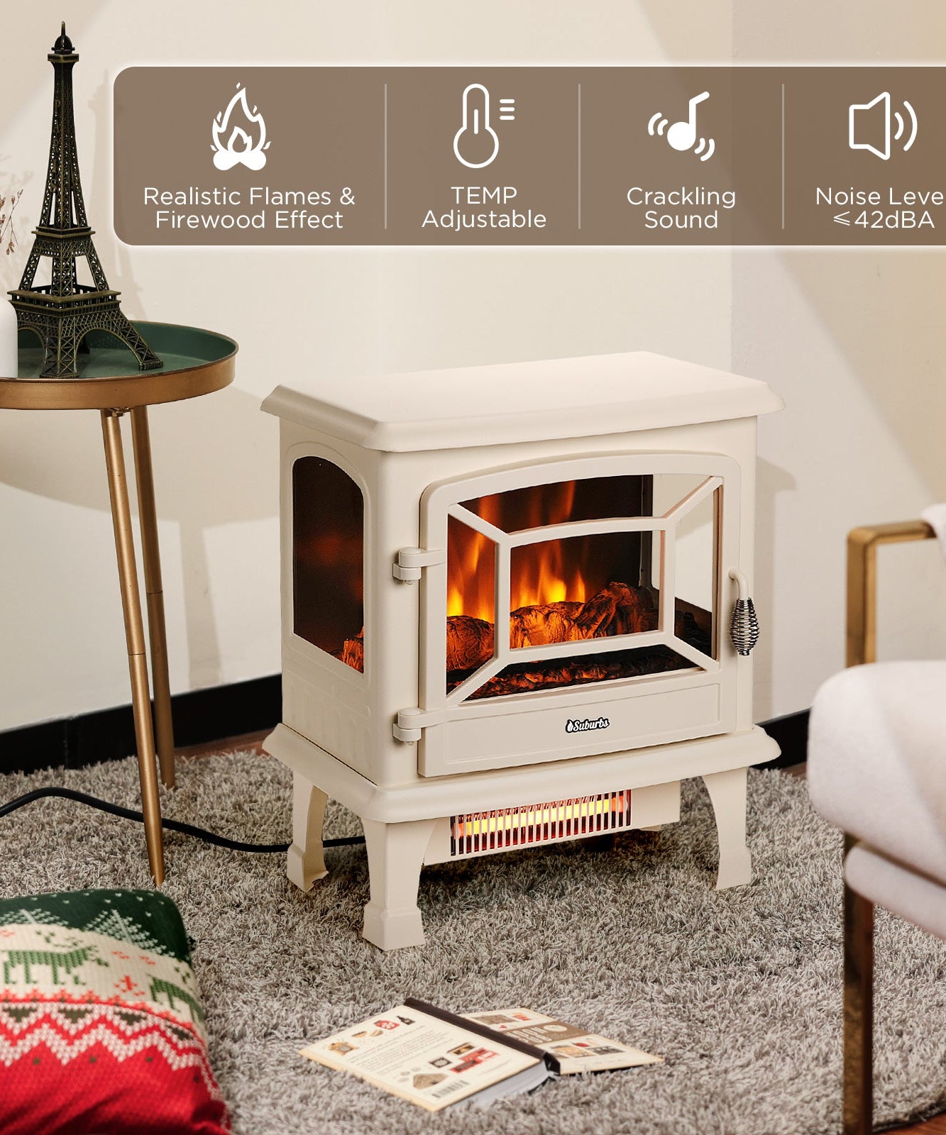 Suburbs TS20-SD Electric Fireplace Stove Heater with Sound