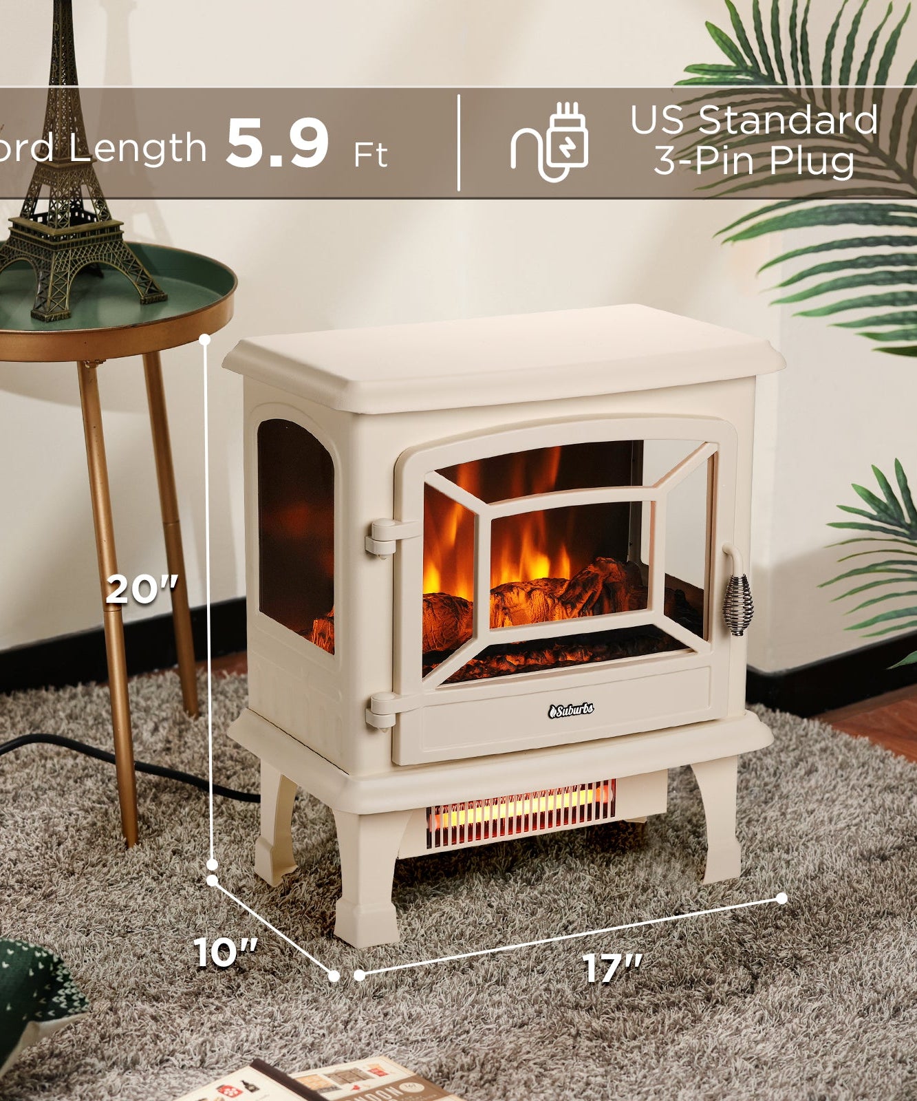 Suburbs TS20-SD Electric Fireplace Stove Heater with Sound