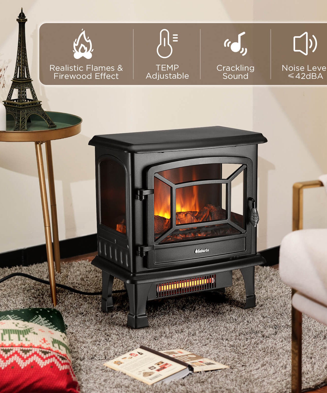 Suburbs TS20-SD Electric Fireplace Stove Heater with Sound