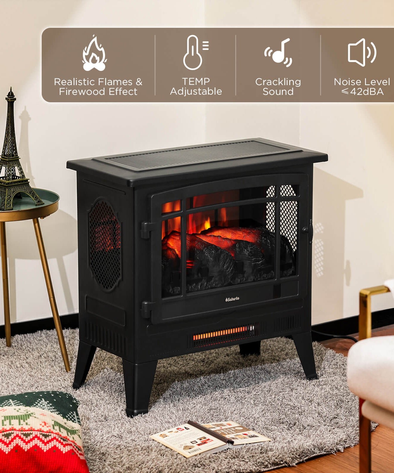 Suburbs TS25 Smart Electric Fireplace Stove Heater, WiFi Enabled